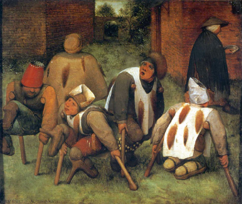 dipinto che rappresenta sei persone, alcune zoppe, che chiedono la carità. 